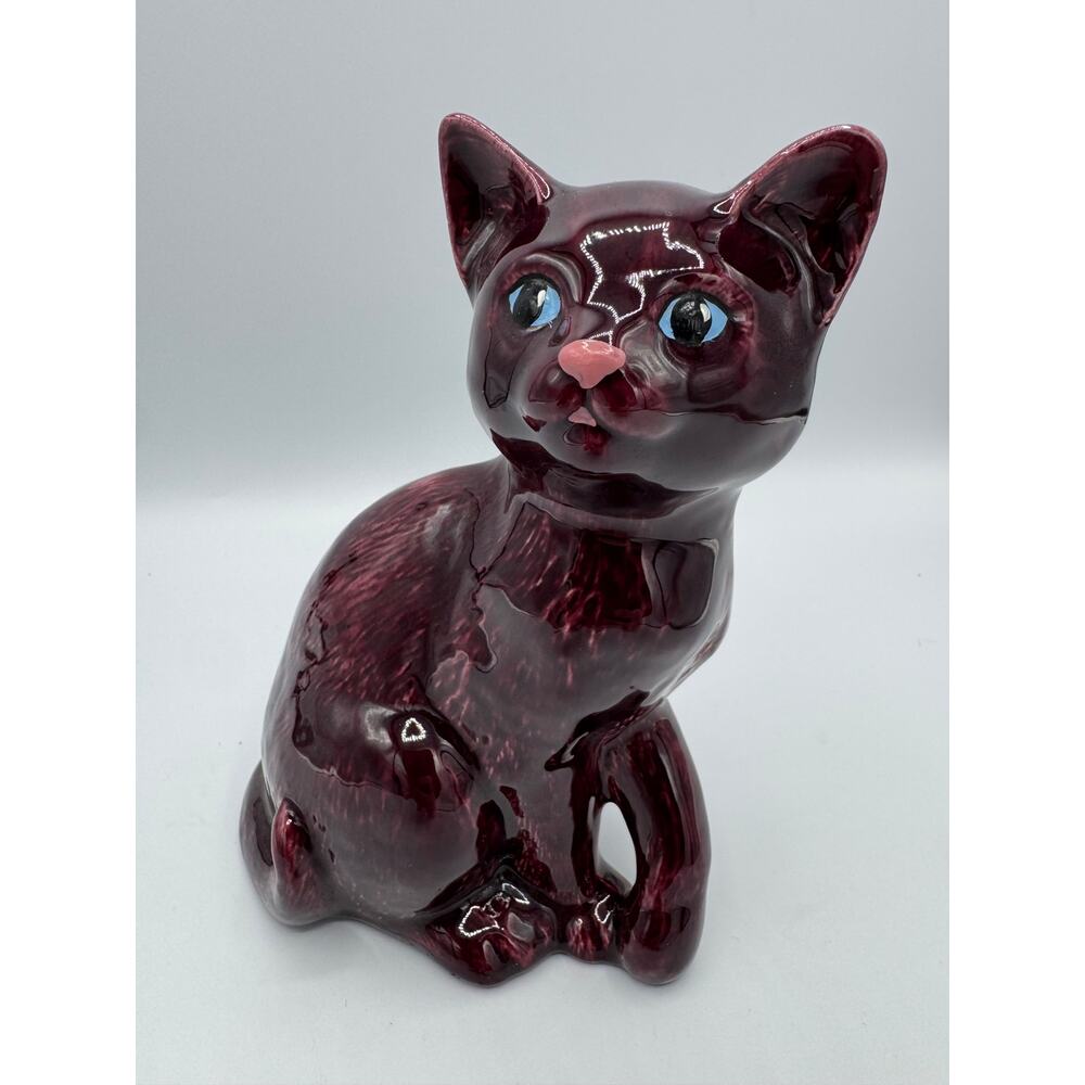 Handmade Studio Pottery Cat Figurine 6.5” Glossy Burgundy Purple Glaze Signed
